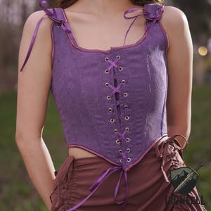 Purple Corduroy Corset Top – Vintage Renaissance Bodice with Lace-Up Front – Fairycore Cottagecore LARP Festival Outfit