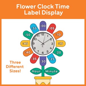 May include: A colorful flower-shaped clock with a white face and black hands. The clock has petals labeled with times, and the text "Flower Clock Time Label Display" is at the top. The text "Three Different Sizes!" is also visible.