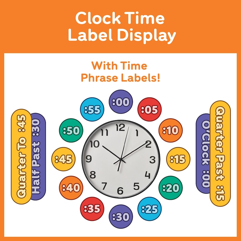 Clock Time Classroom Display Labels, Time Phrases, Learn to Tell Time ...