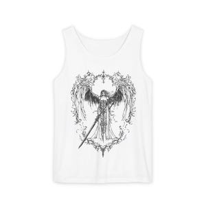 Grunge Angel of Death Tank Top, Vintage Emo Swords Unisex Garment-Dyed Shirt, Gift for Gothic Souls, Alternative Clothing, Dark Halloween