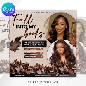 May include: A promotional graphic with the text "Fall Into My Books" and images of two women. The design includes fall leaves and a section for special offers. The Canva editable template is designed for social media.