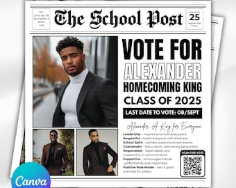 Homecoming King flyer, Homecoming Queen Flyer, homecoming campaign flyer, Vote Homecoming, HOCO Flyer, Vote for me Flyer, Canva Editable