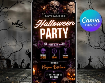 May include: A digital Halloween party invitation template displayed on a smartphone screen. The design features a skull, a glowing jack-o'-lantern, and text that reads You're Invited to a Halloween PARTY, EAT, DRINK & BE SCARY, and RSVP.