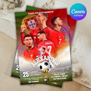 Invitation Ronaldo, invitation de football, modèle d'invitation d'anniversaire de la Ligue des champions, invitation modifiable imprimable de la FIFA, fête de football ballon de sport
