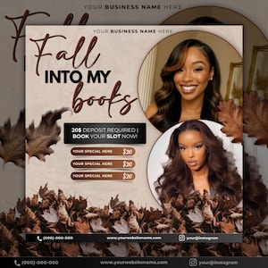 May include: A promotional graphic with a fall theme, featuring the text "Fall Into My Books" in a stylized font. The image includes two portraits of a woman, autumn leaves, and a call to action to book a slot.