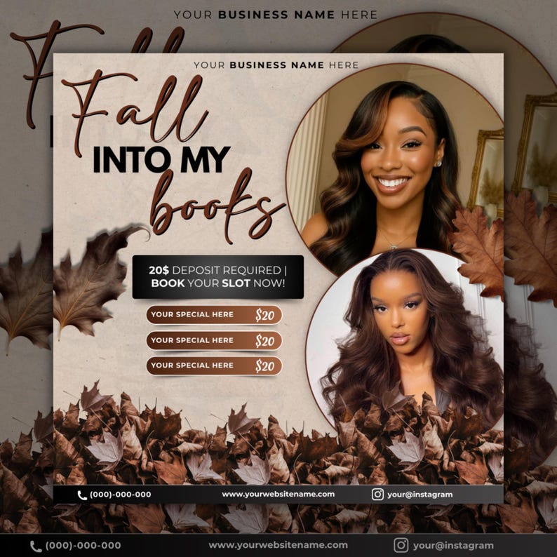 May include: A promotional graphic with a fall theme, featuring the text "Fall Into My Books" in a stylized font. The image includes two portraits of a woman, autumn leaves, and a call to action to book a slot.