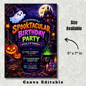 May include: A Halloween-themed birthday party invitation featuring a ghost, a haunted house, pumpkins, and a black cat. The text reads: You're invited to a Spooktacular Birthday Party, Alexa,s is turning 9. Includes event details and a 5 inch by 7 inch size label.