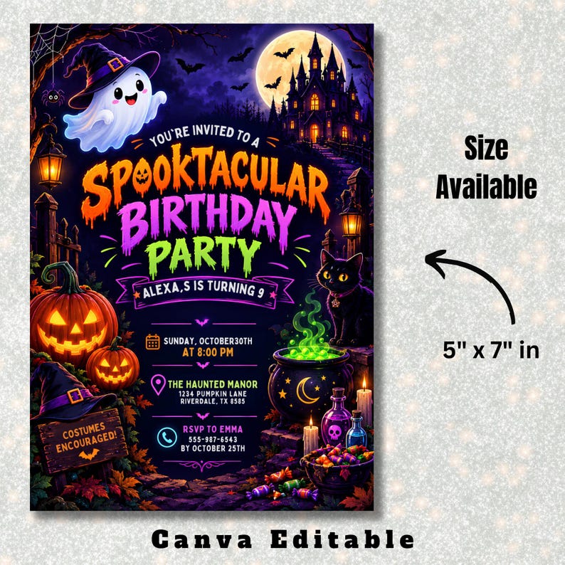 May include: A Halloween-themed birthday party invitation featuring a ghost, a haunted house, pumpkins, and a black cat. The text reads: You're invited to a Spooktacular Birthday Party, Alexa,s is turning 9. Includes event details and a 5 inch by 7 inch size label.