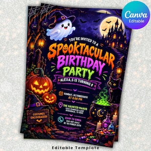 May include: A Halloween-themed birthday party invitation template featuring a ghost in a witch hat, a haunted house, pumpkins, a black cat, and a bubbling cauldron. The text reads: YOU'RE INVITED TO A SPOOKTACULAR BIRTHDAY PARTY, ALEXA,S IS TURNING 9.