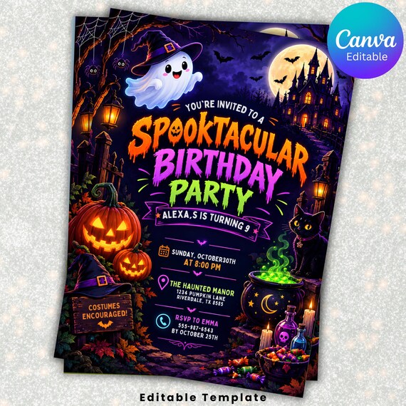 Halloween Birthday Invitation Canva Template, Spooky Pumpkin Ghost Party Invite, Kids Halloween Birthday, Editable, Digital Download BG-008