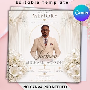 May include: An editable funeral program template featuring a portrait of a man in a beige suit, surrounded by white lilies and draped curtains. Text includes IN LOVING MEMORY, MICHAEL JACKSON, sunrise and sunset dates, and service details.