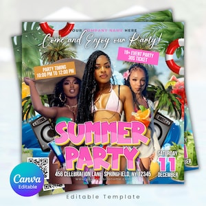 May include: A flyer for a summer party with three women, palm trees, and a beach scene. The text includes "Summer Party," party details, and "Canva Editable." The flyer is pink, blue, and green.