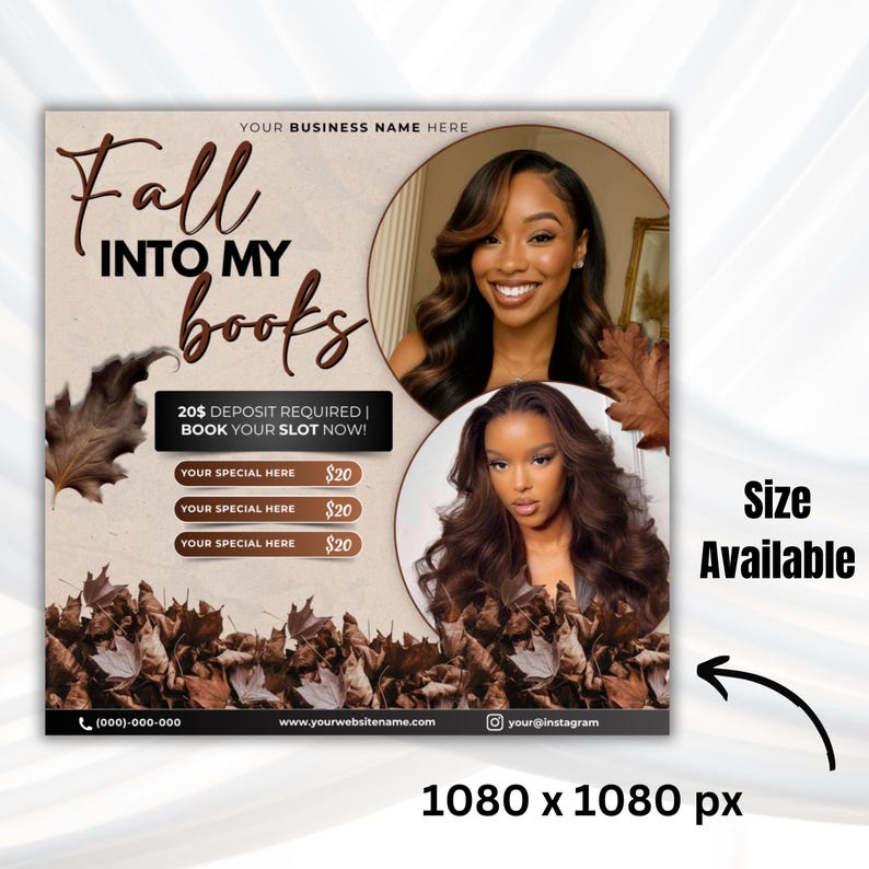 May include: A promotional graphic with the text "Fall Into My Books" and the phrase "Book Your Slot Now!" Two women are featured in circular frames. The background is a mix of brown and beige with autumn leaves.