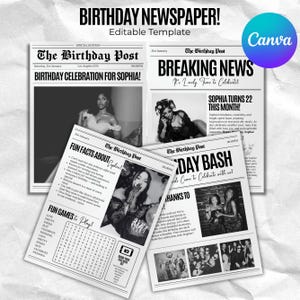 May include: A monochrome birthday newspaper template with the headline "BIRTHDAY NEWSPAPER!" and the text "Editable Template." The newspapers feature photos and text, including "BIRTHDAY CELEBRATION FOR SOPHIA!" and "BREAKING NEWS."
