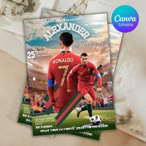 Modèle d'invitation d'anniversaire de football CR7 et Messi modifiable en toile, fête de football, anniversaire sur le thème du football, Cristiano Ronaldo, invitation de Messi