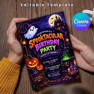 May include: A Halloween-themed birthday party invitation template featuring a ghost, a haunted castle, a black cat, pumpkins, and a cauldron. The text reads: SPOOKTACULAR BIRTHDAY PARTY, ALEXA,S IS TURNING 9, SUNDAY, OCTOBER 30TH AT 8:00 PM, THE HAUNTED MANOR, 1234 PUMPKIN LANE, RIVERDALE, TX 8585, RSVP TO EMMA 555-987-6543 BY OCTOBER 25TH, COSTUMES ENCOURAGED.