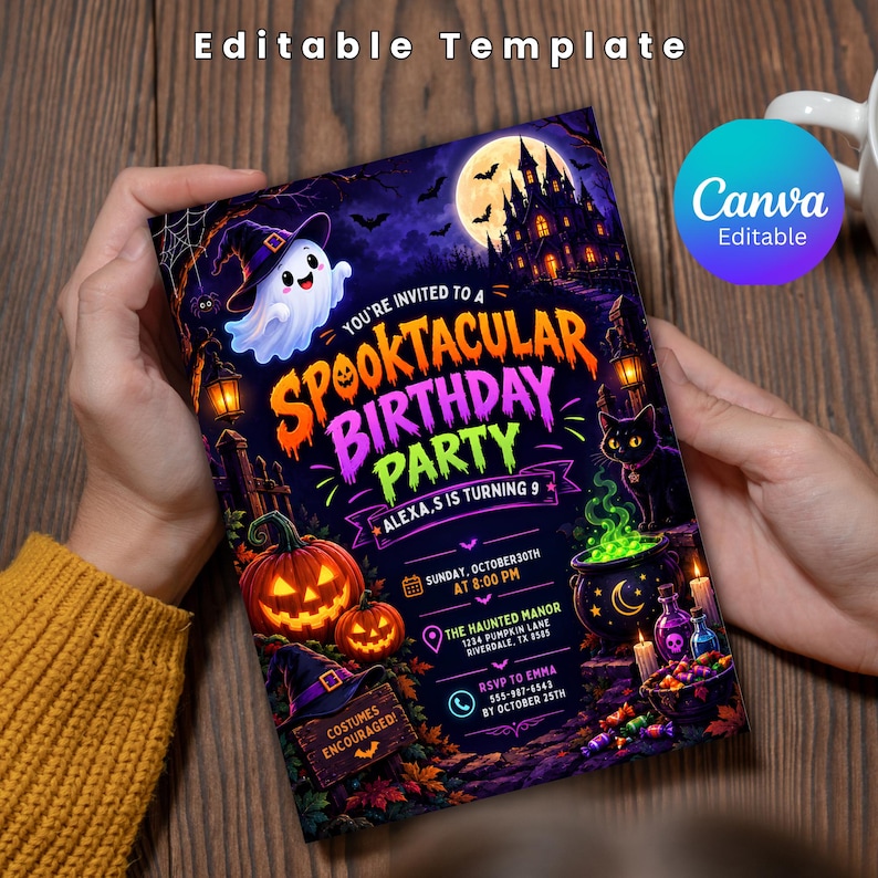 May include: A Halloween-themed birthday party invitation template featuring a ghost, a haunted castle, a black cat, pumpkins, and a cauldron. The text reads: SPOOKTACULAR BIRTHDAY PARTY, ALEXA,S IS TURNING 9, SUNDAY, OCTOBER 30TH AT 8:00 PM, THE HAUNTED MANOR, 1234 PUMPKIN LANE, RIVERDALE, TX 8585, RSVP TO EMMA 555-987-6543 BY OCTOBER 25TH, COSTUMES ENCOURAGED.