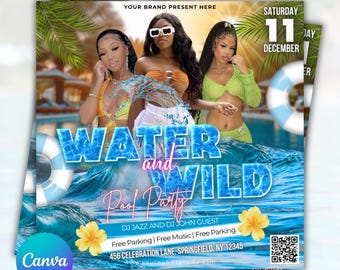 Pool-Party-Flyer, nasse und wilde Pool-Party-Flyer, Sommer-Strandparty-Flyer, Urban-Party-Flyer, Sommerpause-Flyer, Party-Flyer, Canva bearbeitetbar