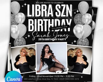Libra Season Party Flyer, Libra Bday Szn Flyer, All black, Invitation Flyer, Silver Birthday Event, Social Media Flyer, Premade Flyer