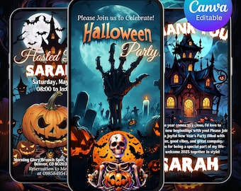 May include: Three smartphone screens displaying Halloween party invitations. The central screen features a skeletal figure holding a pumpkin, with a large hand reaching out from a dark background. The text reads "Halloween Party".