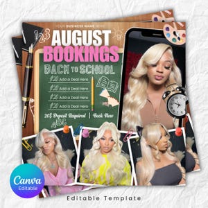 August Bookings Now Available Flyer, DIY Summer Book Now Appointments Beauty Hair Lashes Wigs Makeup Nails Social Media Canva Flyer Template
