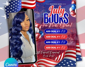 July Booking Flyer, July Bookings, 4th of July Booking Flyer, July Books Open, Appointment Flyer, Hair Nails Lashes Makeup, Book Now Flyer
