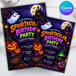 May include: A Halloween-themed birthday party invitation featuring a ghost in a witch hat, a haunted castle under a full moon, jack-o'-lanterns, and a black cat. The text reads: You're invited to a Spooktacular Birthday Party, Alexa,s is turning 9.