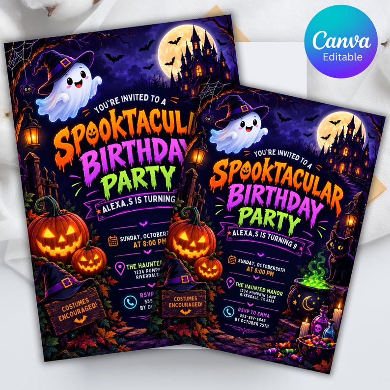 May include: A Halloween-themed birthday party invitation featuring a ghost in a witch hat, a haunted castle under a full moon, jack-o'-lanterns, and a black cat. The text reads: You're invited to a Spooktacular Birthday Party, Alexa,s is turning 9.