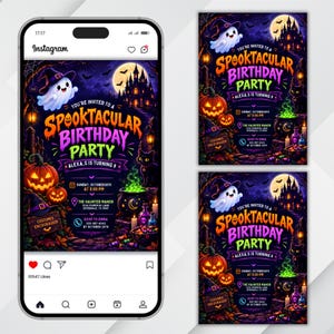 May include: A digital birthday party invitation flyer featuring a ghost, a haunted mansion, pumpkins, and a black cat. The text reads: You're invited to a Spooktacular Birthday Party, Alexa, 5 is turning 9, Sunday, October 30th at 8:00 PM, The Haunted Manor.