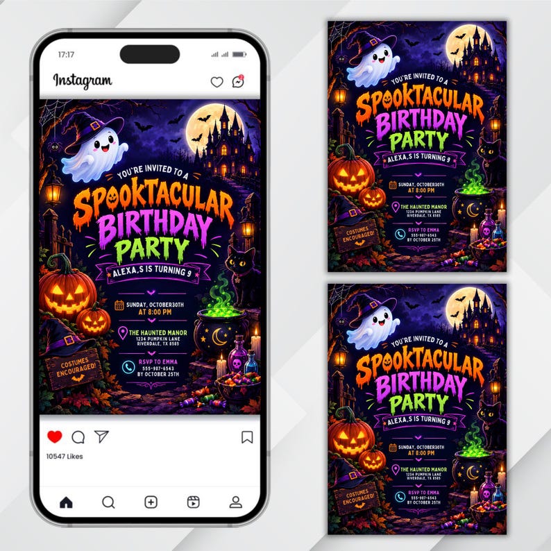 May include: A digital birthday party invitation flyer featuring a ghost, a haunted mansion, pumpkins, and a black cat. The text reads: You're invited to a Spooktacular Birthday Party, Alexa, 5 is turning 9, Sunday, October 30th at 8:00 PM, The Haunted Manor.