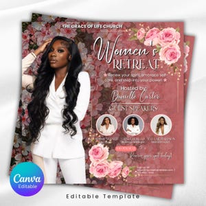 Women&#39;s Retreat Flyer, Women&#39;s Meeting Conference Flyer, Guest Speaker, Orange Floral Event, Networking Celebration, Editable Canva Template