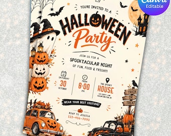 May include: A Halloween party invitation template featuring a cream background with orange and black graphics including a ghost, pumpkins, a haunted house, and two vintage cars. The text reads Halloween Party, Spooktacular Night, and details.
