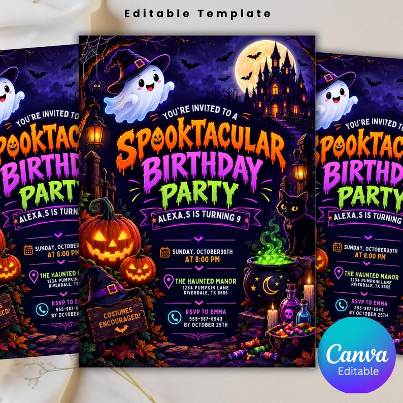 May include: A Halloween-themed birthday party invitation template featuring a ghost in a witch hat, a haunted mansion, a jack-o'-lantern, a black cat, and a bubbling cauldron. The text reads: You're invited to a spooktacular birthday party.