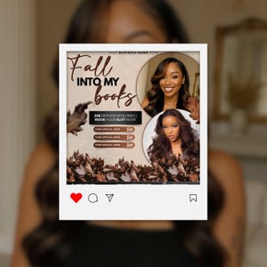 May include: An Instagram post-style graphic with the text "Fall Into My Books." The design includes images of two women, autumn leaves, and a call to action: "Book Your Slot Now!" with a $20 deposit required.