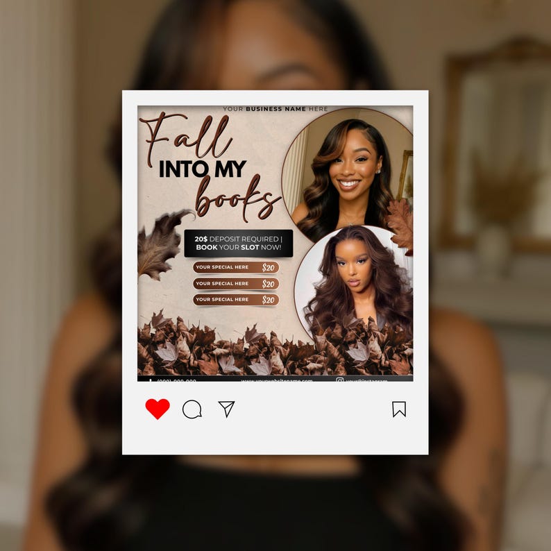 May include: An Instagram post-style graphic with the text "Fall Into My Books." The design includes images of two women, autumn leaves, and a call to action: "Book Your Slot Now!" with a $20 deposit required.