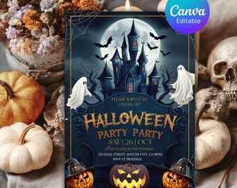 May include: A Halloween party invitation featuring a haunted castle, bats, and ghosts against a moonlit sky. The invitation reads "Halloween Party Party" with event details. Pumpkins and skulls add to the spooky theme.