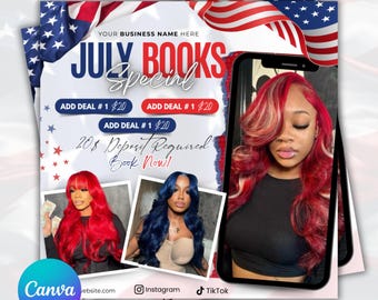 May include: A digital flyer template featuring the text JULY BOOKS Special, Add Deal #1, and 20$ Deposit Required Book Now. The design includes an American flag background, a Canva logo, and three photos of individuals with vibrant red and blue hair.
