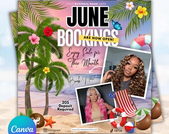 May include: A promotional flyer with a beach theme, featuring palm trees, coconuts, and a sunset backdrop. Text includes "June Bookings Are Now Open!" and "Enjoy Sale for This Month." Two photos of women are included. The flyer is an editable template.