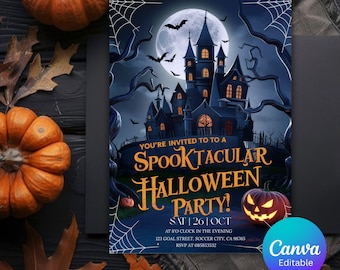 May include: A Halloween party invitation featuring a haunted castle illustration under a full moon, bats, and spiderwebs. The invitation text reads "You're Invited to a Spooktacular Halloween Party!" with event details and a Canva logo.