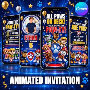 Könnte beinhalten: Eine digitale Einladungsvorlage mit Paw Patrol-Figuren auf dunkelblauem Hintergrund, verziert mit goldenen Luftballons und Konfetti. Der Text umfasst JOIN THE PAW-TY, ETHAN IS TURNING 5, ALL PAWS ON DECK und THE PACK IS READY. Enthält einen Platzhalter für Fotos.
