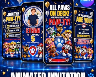 Plantilla de invitación de cumpleaños animada con cachorros, invitación de video editable para fiestas infantiles, invitación digital de cumpleaños para mascotas, invitación de cumpleaños en Canva