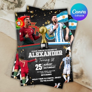 Invitation d'anniversaire de football de Cristiano Ronaldo | Faire-part de football modifiable pour garçon | Modèle de toile de thème SIUU