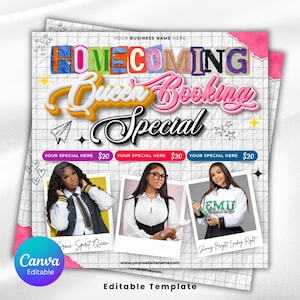 May include: A promotional flyer with the text "HOMECOMING Queen Booking Special." The design features three photos of women, decorative stars, and the Canva logo. The flyer is on a grid-patterned background with pink accents.