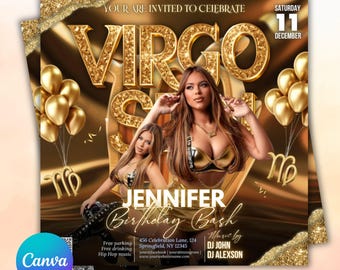 Virgo Birthday Flyer, Birthday Party Invitation Flyer, Virgo Season Birthday Flyer, Virgo Birthday Flyer, Birthday Event, Canva Editable