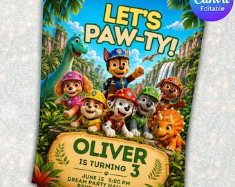 Invitación de cumpleaños para mascotas, invitación de cumpleaños de Dino Rescue Paws, invitación electrónica para fiesta de cachorros en la jungla, plantilla editable de Canva BG-002