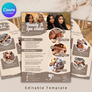 Peut inclure: Flyer promotionnel pour un centre de beauté et spa, avec des images de femmes et de soins spa. Le flyer comprend du texte sur les services tels que les massages corporels, les soins des ongles et les soins du visage. Le design est en tons bruns et blancs.