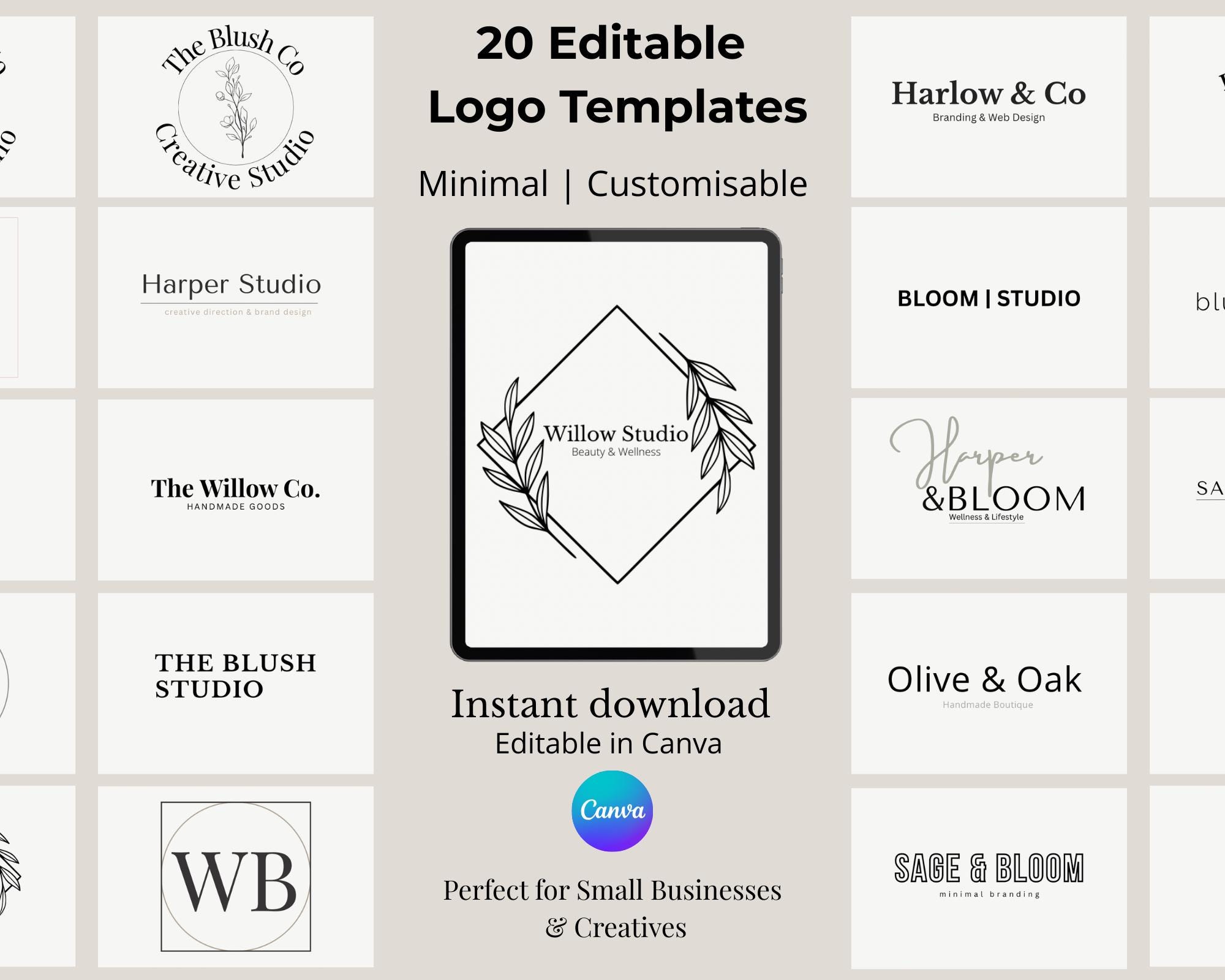 20 Editable Canva Logo Templates | Minimal Branding Kit | Premade Logos