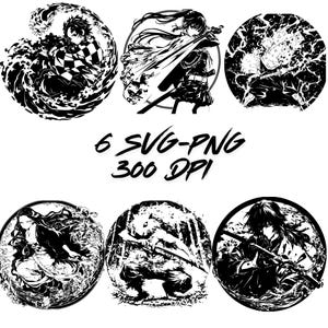demon hunter Black and White SVG PNG Bundle , 6 Kimetsu no Yaiba Character Clipart , Anime Vector for Cricut & Sublimation