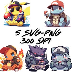 Street Pocket Monster SVG PNG Bundle , 5 Cool Starter Character Designs for Sublimation & Shirts , High-Quality Instant Download