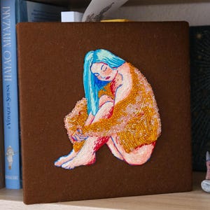 Colorful Beaded Girl Artwork Ready to Be Framed, Cardigan Girl Embroidery Haute Couture Home Decor, Modern Feminine Decor Gift